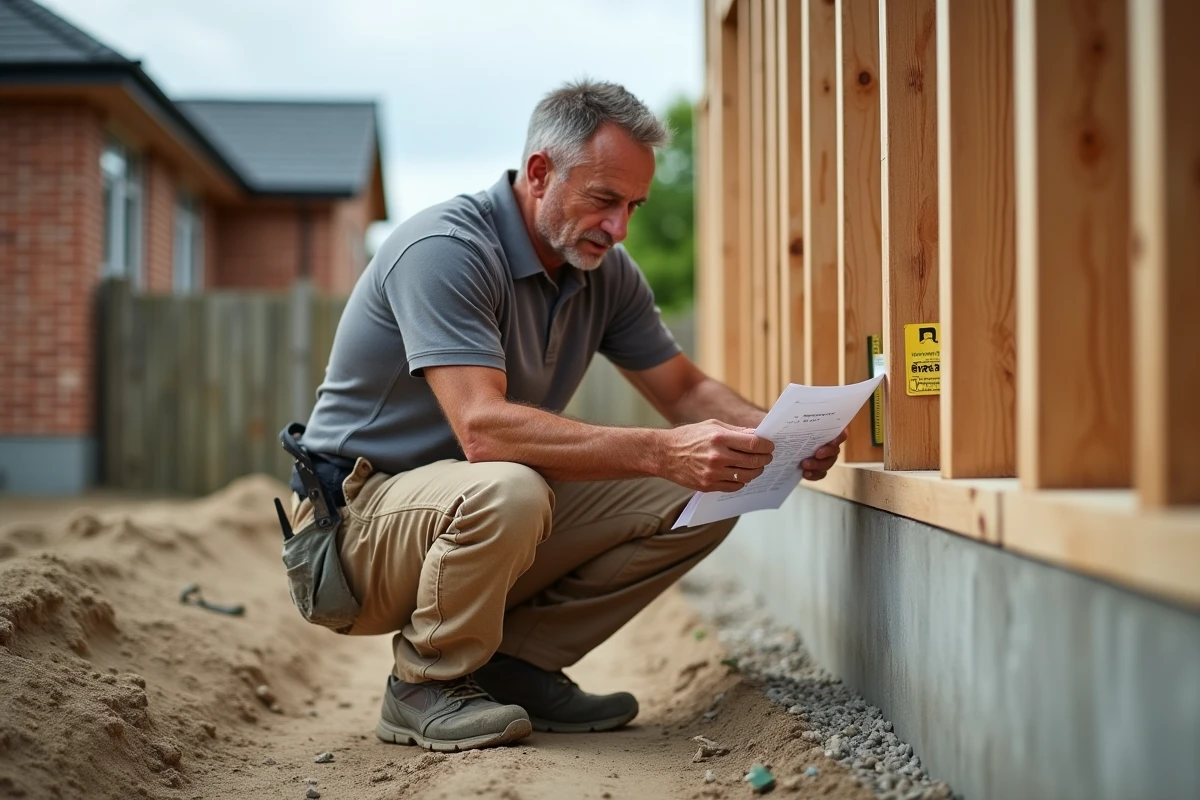 Chef de chantier calculant les m3 de béton nécessaires pour une extension de maison avec un plan de calcul et un mètre ruban