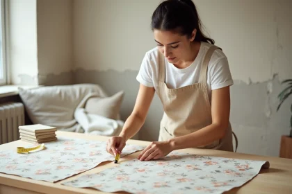 Femme mesurant et coupant un rouleau de papier peint sur une table de travail pour calculer les chutes nécessaires lors d'une rénovation