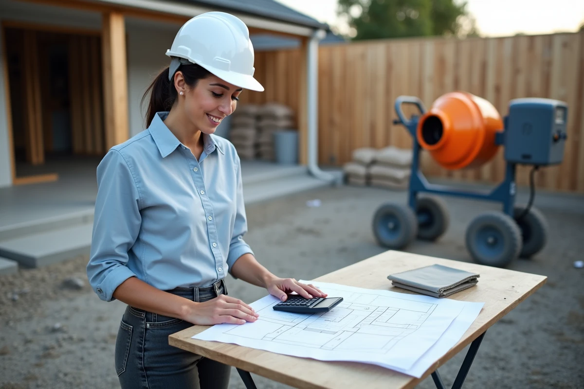 Femme architecte ou maîtresse d'œuvre calculant le volume de béton sur table de chantier pour une extension résidentielle