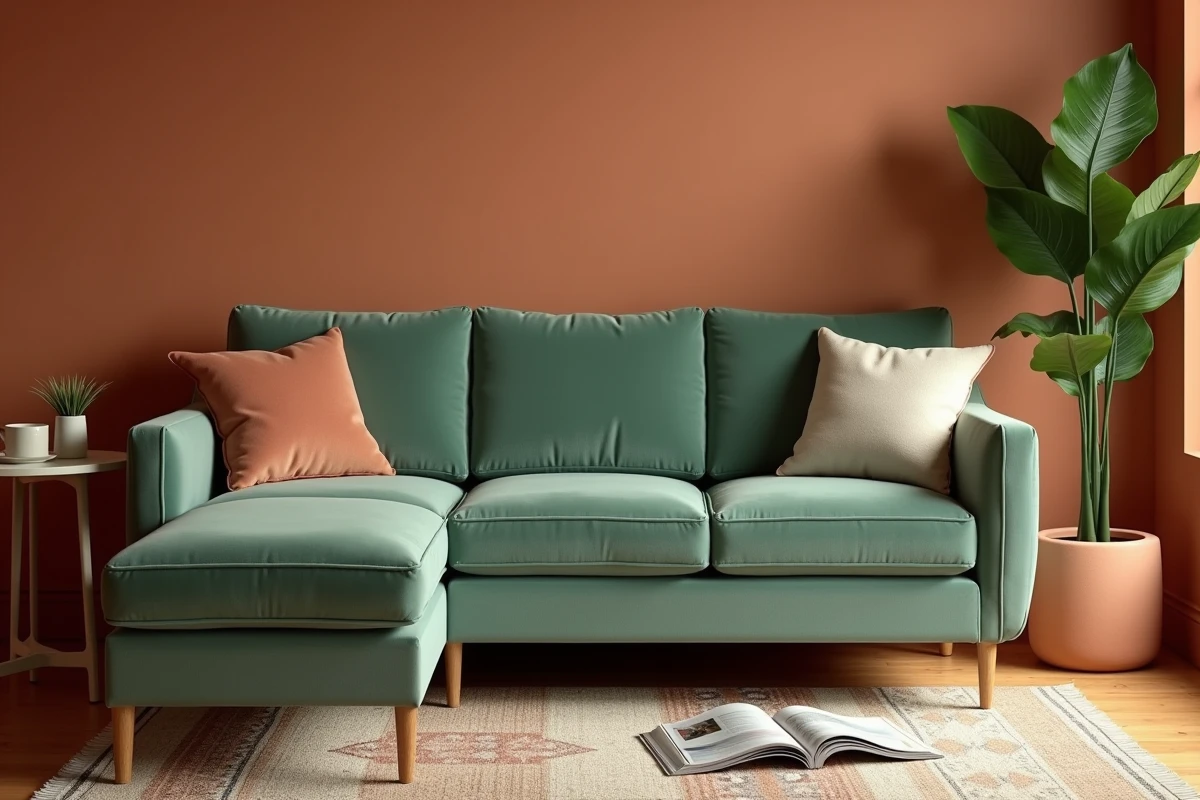 Canapé méridienne recouvert d'une housse velours vert sauge sur-mesure dans un salon mid-century moderne décoré avec soin
