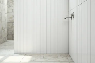 Carrelage mural blanc posé en chevron vertical dans une petite salle de bain pour agrandir visuellement la hauteur de la pièce