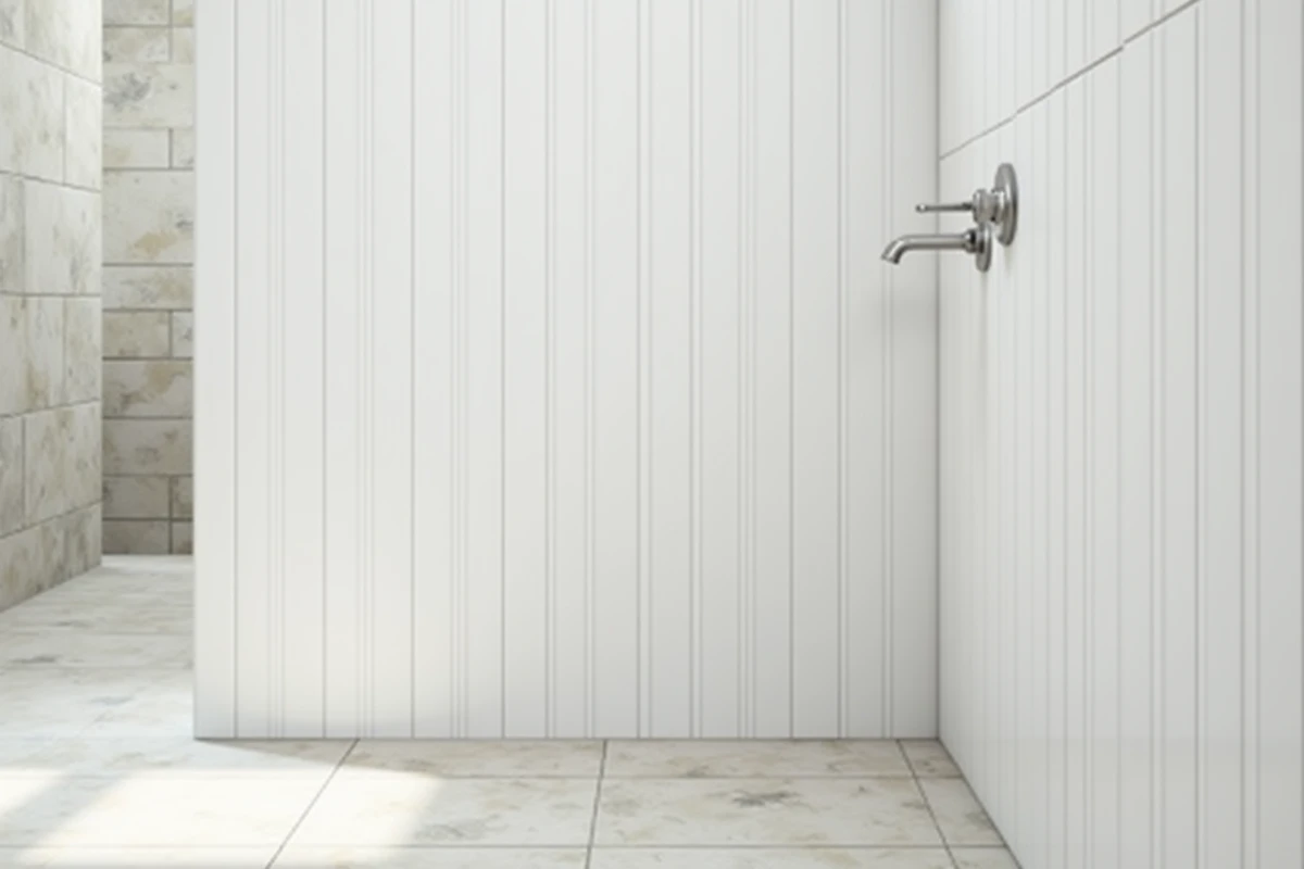 Carrelage mural blanc posé en chevron vertical dans une petite salle de bain pour agrandir visuellement la hauteur de la pièce