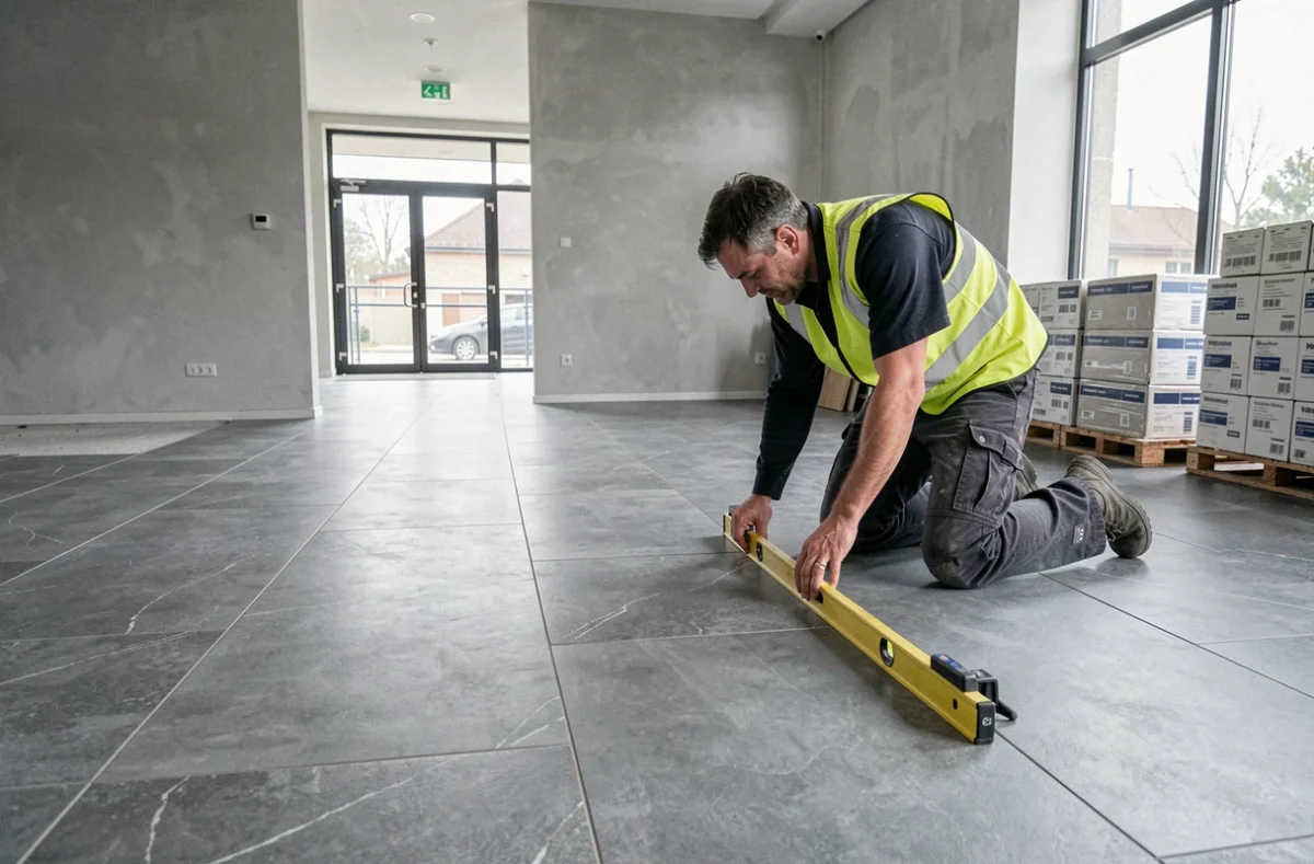 Poseur de Carrelage Services Val-d'Oise installant du grès cérame dans un hall commercial
