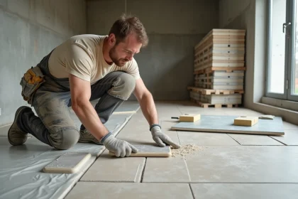 Carreleur professionnel posant du carrelage grand format sur le sol d'une cuisine en rénovation