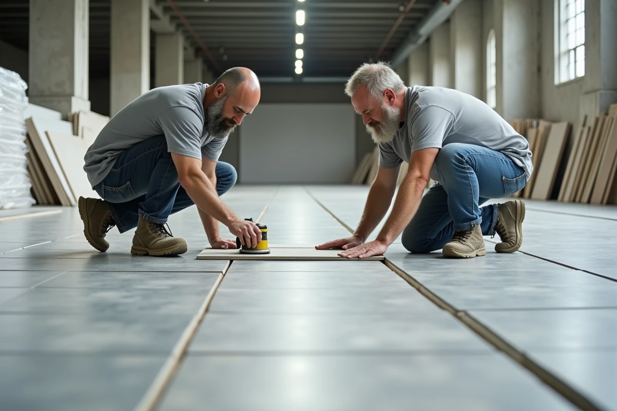 Deux carreleurs travaillant sur un grand chantier de carrelage commercial en espace de vente