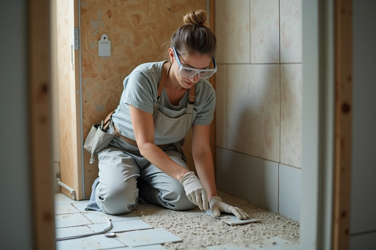 Carreleuse appliquant du mortier colle sur un mur de salle de bain en mosaïque