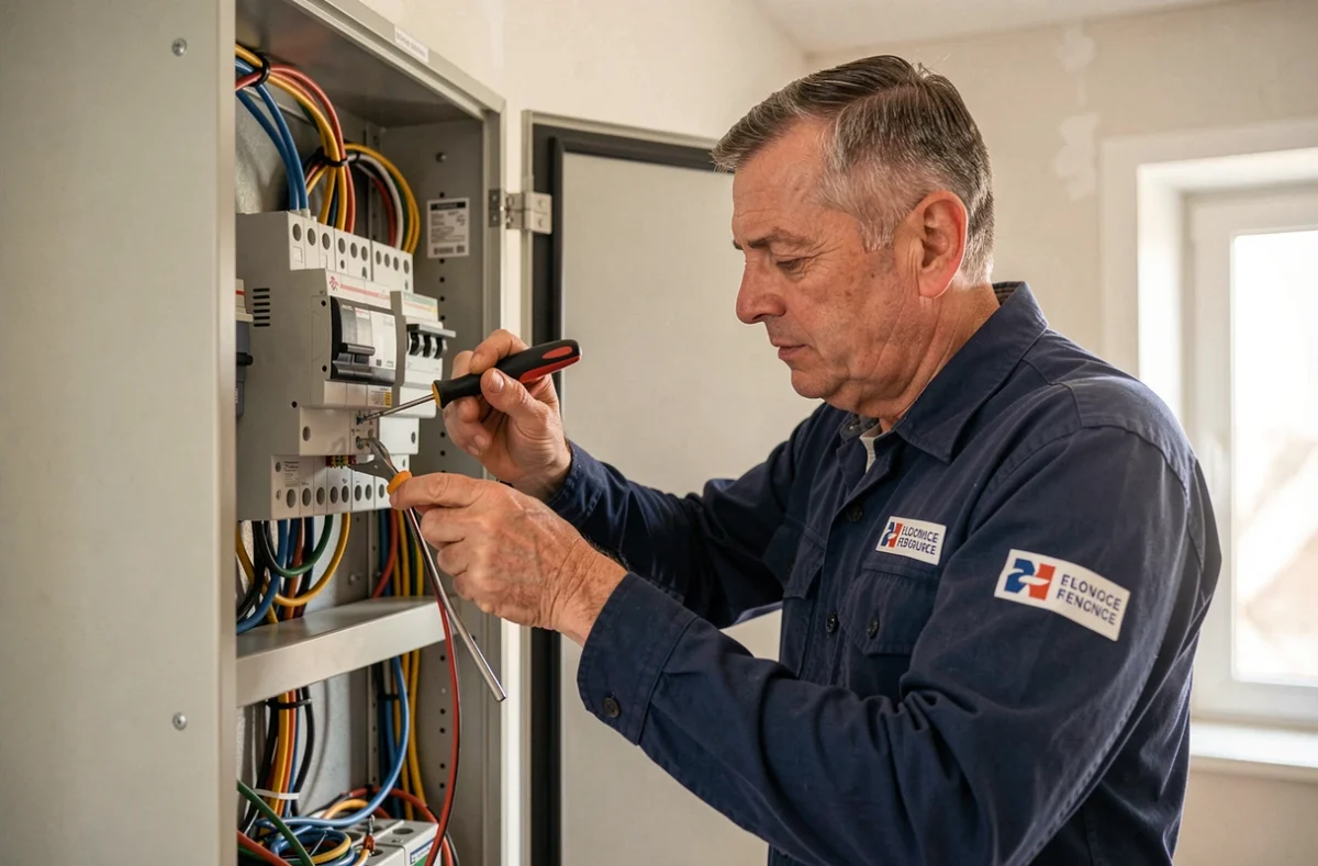 Électricien du Centre Électrique Entreprise câblant un tableau électrique dans un logement rénové