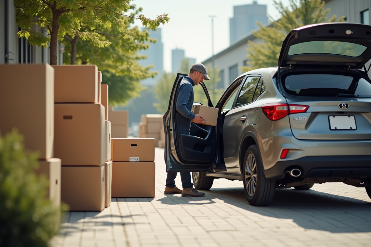 Personne chargeant cartons dans une voiture au centre de recyclage