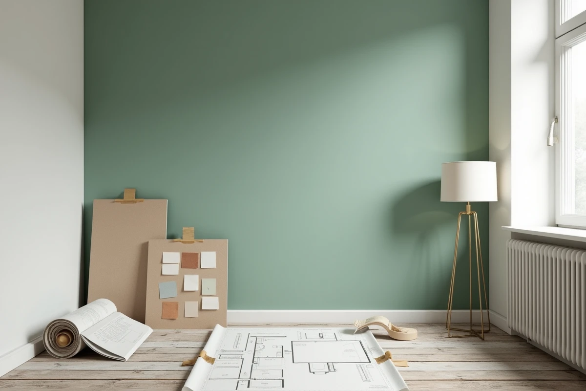 Chambre en cours de rénovation avec des échantillons de couleurs et de papier peint pour repenser la décoration
