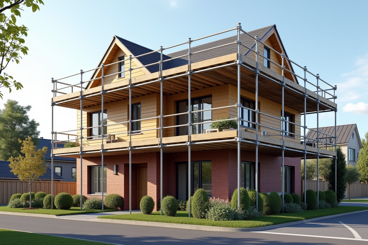 Maison de banlieue en construction avec échafaudages et ciel en arrière-plan
