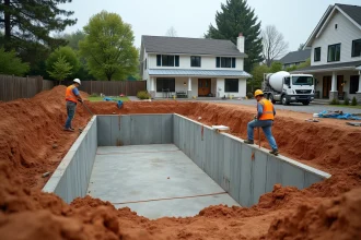 Chantier de construction d'une piscine creusée avec des ouvriers et des coffrages en béton dans un jardin résidentiel