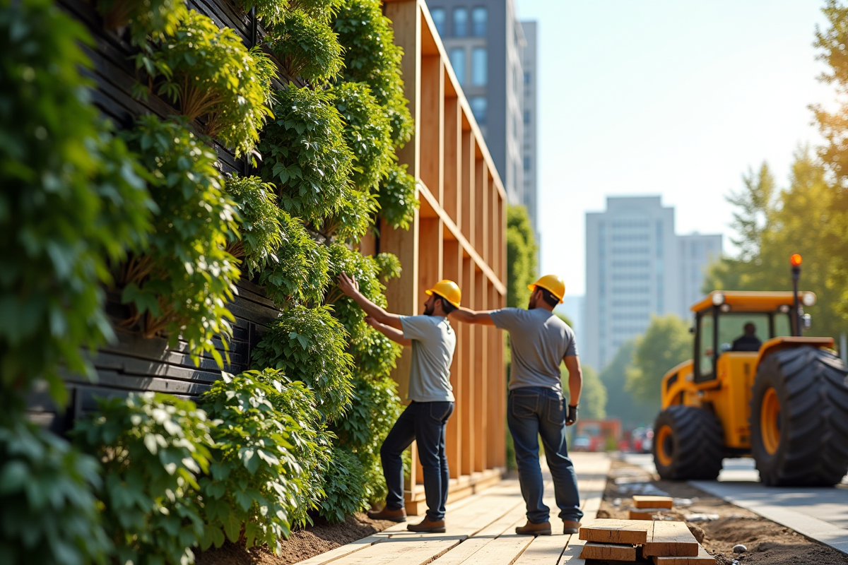 Travailleurs installant une structure en bois avec mur vegetal en ville