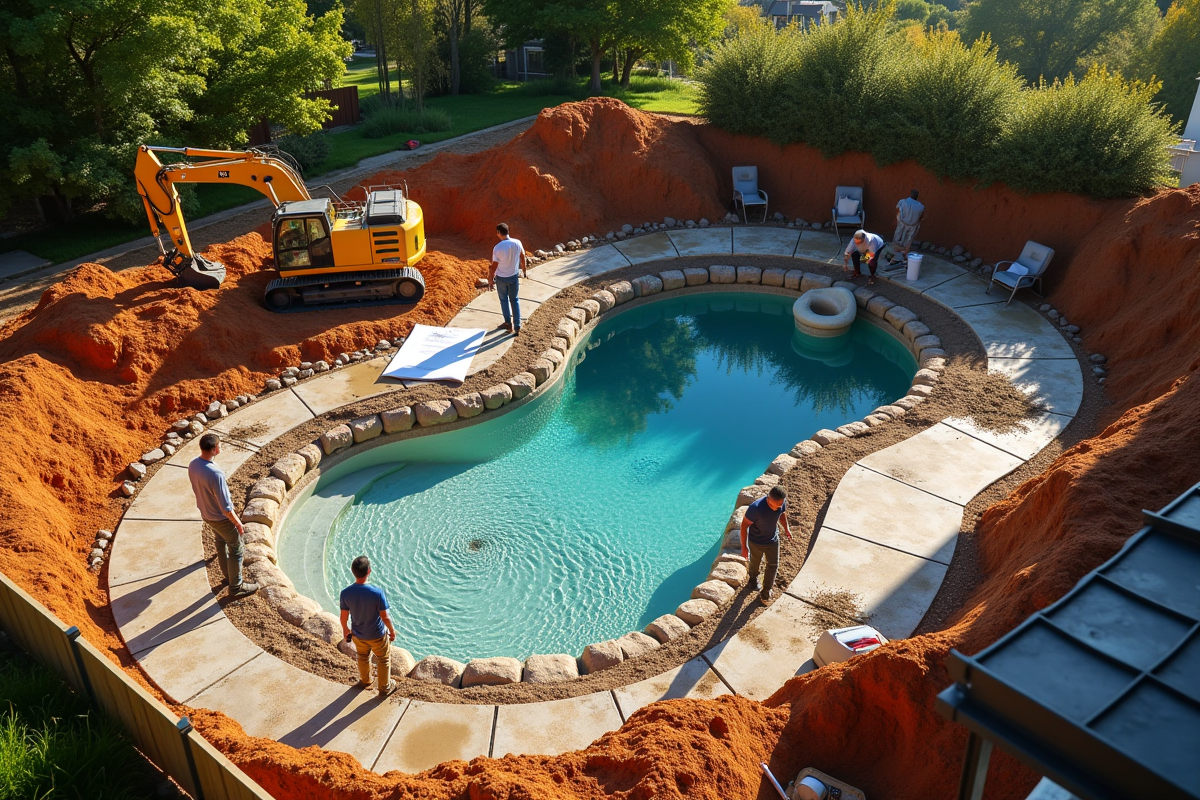 Chantier piscine en début de construction avec ouvriers