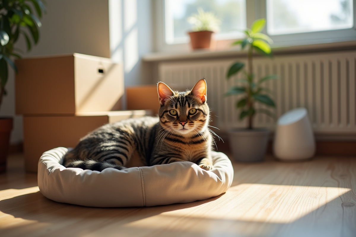 Chat tigré détendu sur une boîte dans un salon lumineux