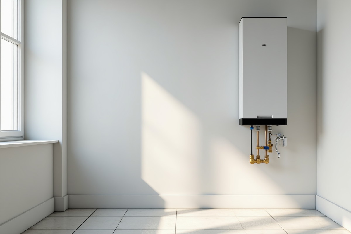 Salle de lavage moderne avec chauffe-eau thermodynamique visible