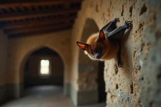 Chauve-souris brune accrochée au mur en pierre d'une vieille ferme européenne, symbolisant les croyances et superstitions culturelles liées à sa présence dans une maison