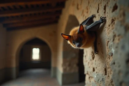 Chauve-souris brune accrochée au mur en pierre d'une vieille ferme européenne, symbolisant les croyances et superstitions culturelles liées à sa présence dans une maison