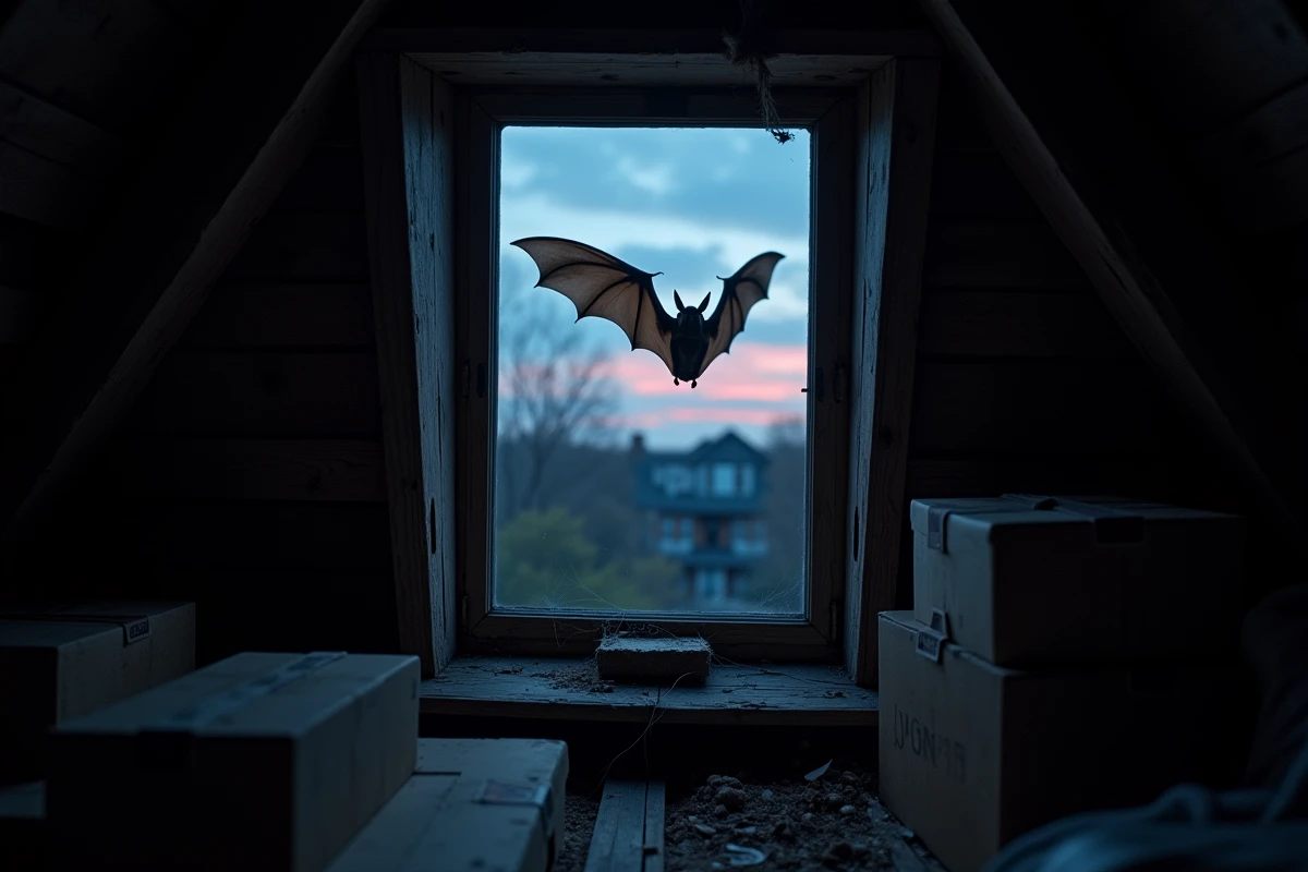 Chauve-souris en vol au crépuscule dans une fenêtre de grenier ouverte d'une maison ancienne, évoquant les superstitions et significations culturelles de sa présence nocturne dans les habitations