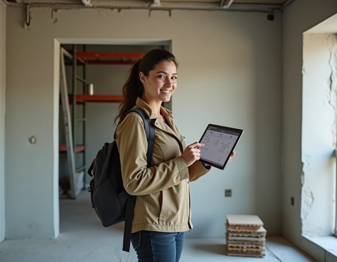Femme chef de projet tenant une tablette avec estimation de coûts dans un appartement en cours de rénovation