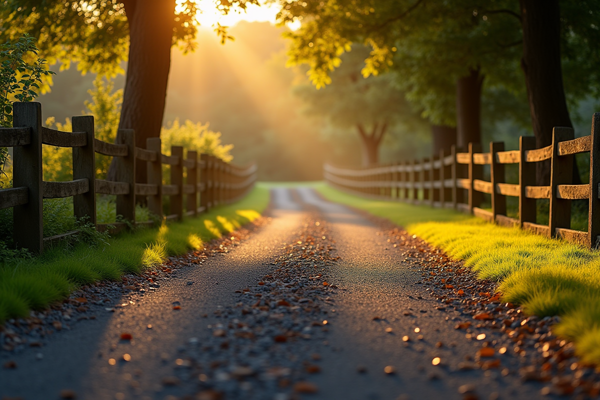 Allée de campagne avec gravier foncé et clôture en bois