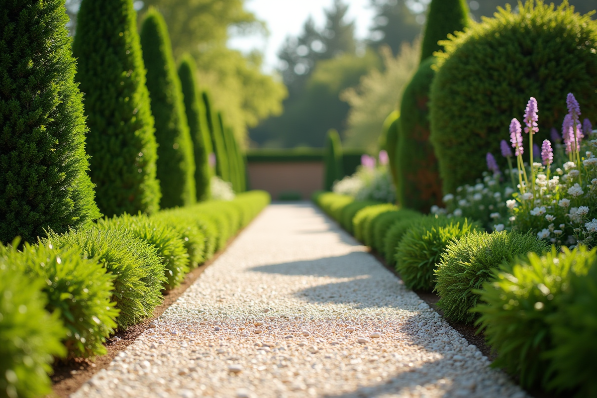 Allée de jardin moderne avec gravier clair et grands arbustes