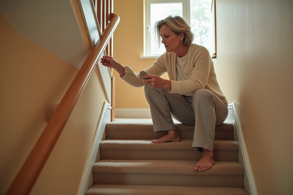 Femme comparant des échantillons de moquette pour marches d'escalier dans une maison traditionnelle