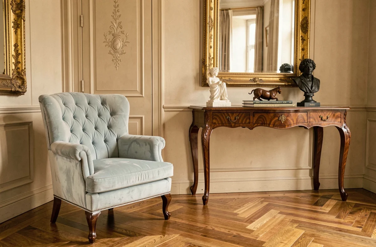 Intérieur classique et raffiné mêlant mobilier ancien et design contemporain selon l'approche de Claude Cartier Décoration