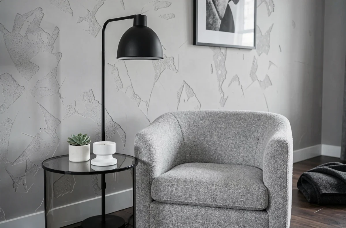 Coin salon cosy en noir et gris avec fauteuil en boucle, lampadaire noir mat et mur en plâtre texturé