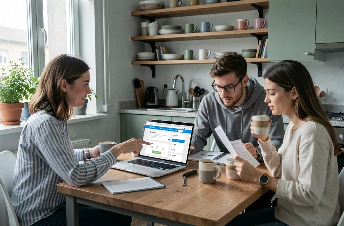 Trois colocataires comparant des offres d'assurance habitation sur un ordinateur portable dans une cuisine partagée