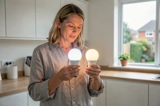 Femme comparant deux ampoules LED blanc froid et blanc chaud dans une cuisine moderne