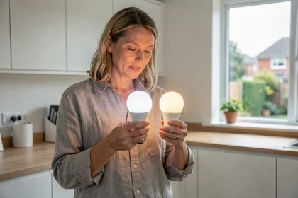 Femme comparant deux ampoules LED blanc froid et blanc chaud dans une cuisine moderne