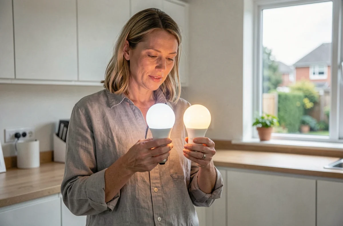 Femme comparant deux ampoules LED blanc froid et blanc chaud dans une cuisine moderne