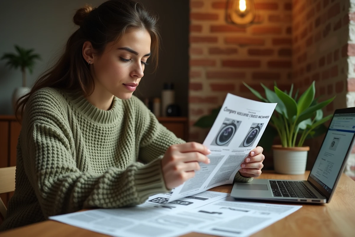 Jeune femme comparant des fiches techniques de lave-linge sur une table avec un ordinateur portable ouvert