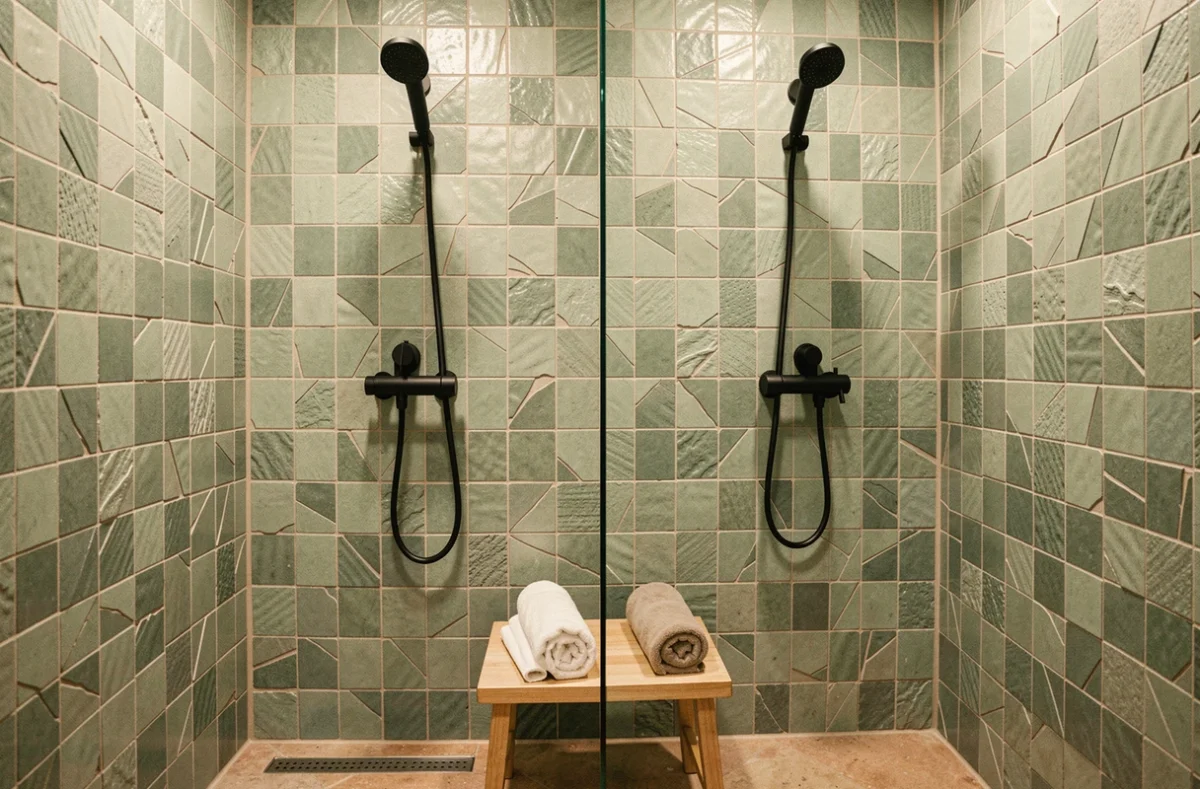 Comparaison de deux hauteurs de mitigeur de douche dans une petite salle de bains aux carreaux zellige vert sauge