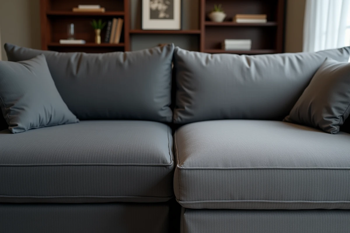 Comparaison entre une housse universelle et une housse sur-mesure sur un canapé méridienne en tissu anthracite