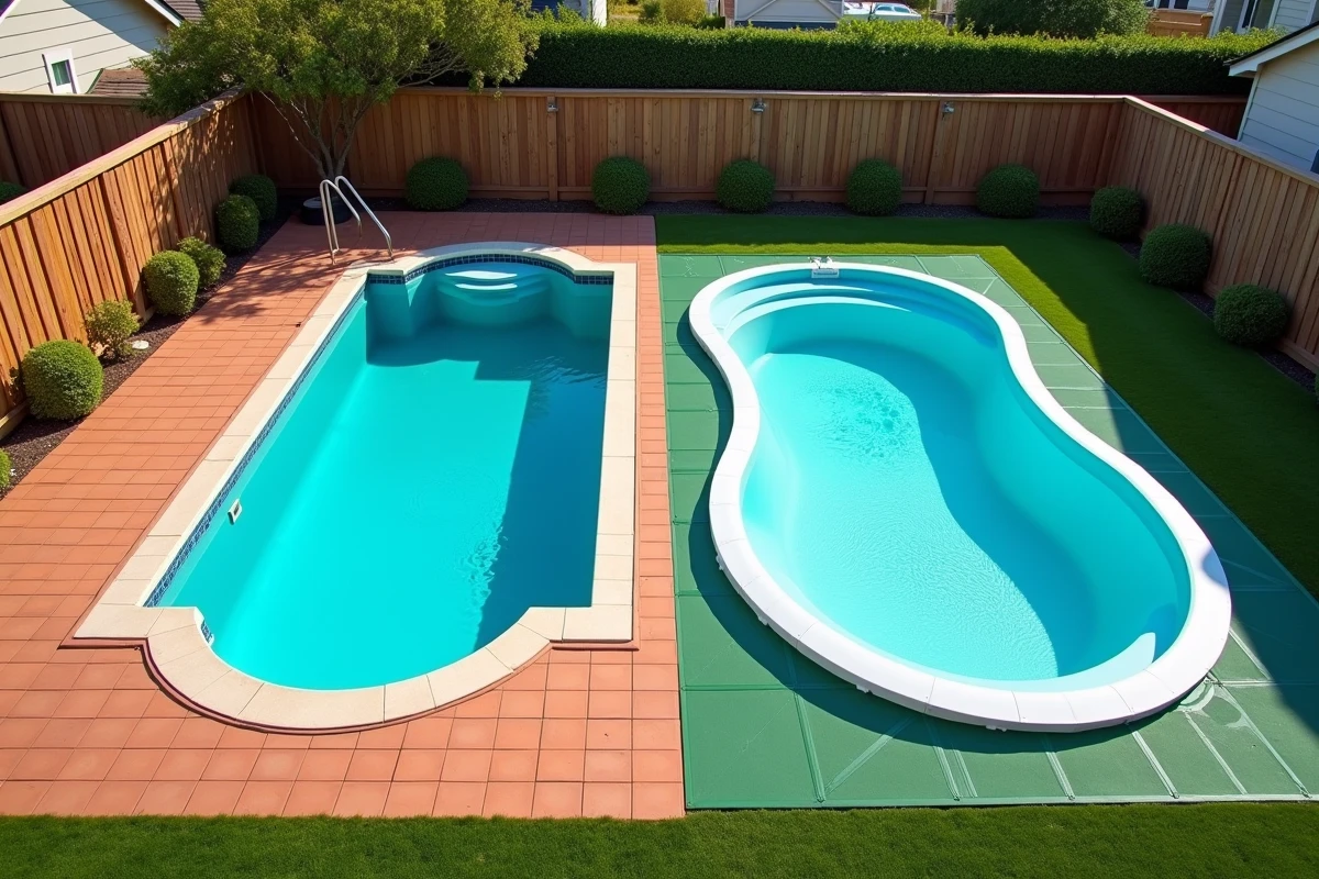 Comparaison visuelle entre une piscine creusée professionnelle et un kit de piscine hors-sol monté soi-même dans des jardins voisins