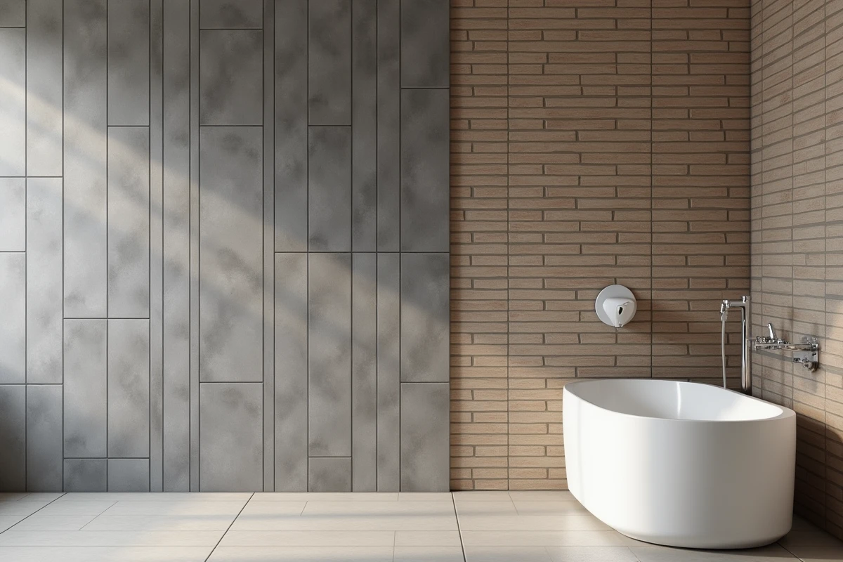 Comparaison de deux sens de pose de carrelage mural dans une salle de bain moderne, vertical et horizontal, pour illustrer l'effet sur les proportions de la pièce