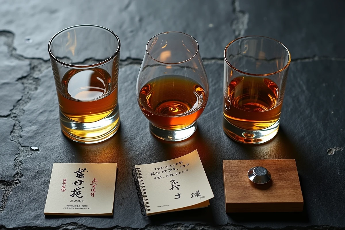 Vue de dessus d'une sélection de trois verres à whisky japonais différents avec accessoires de dégustation sur une surface en ardoise sombre