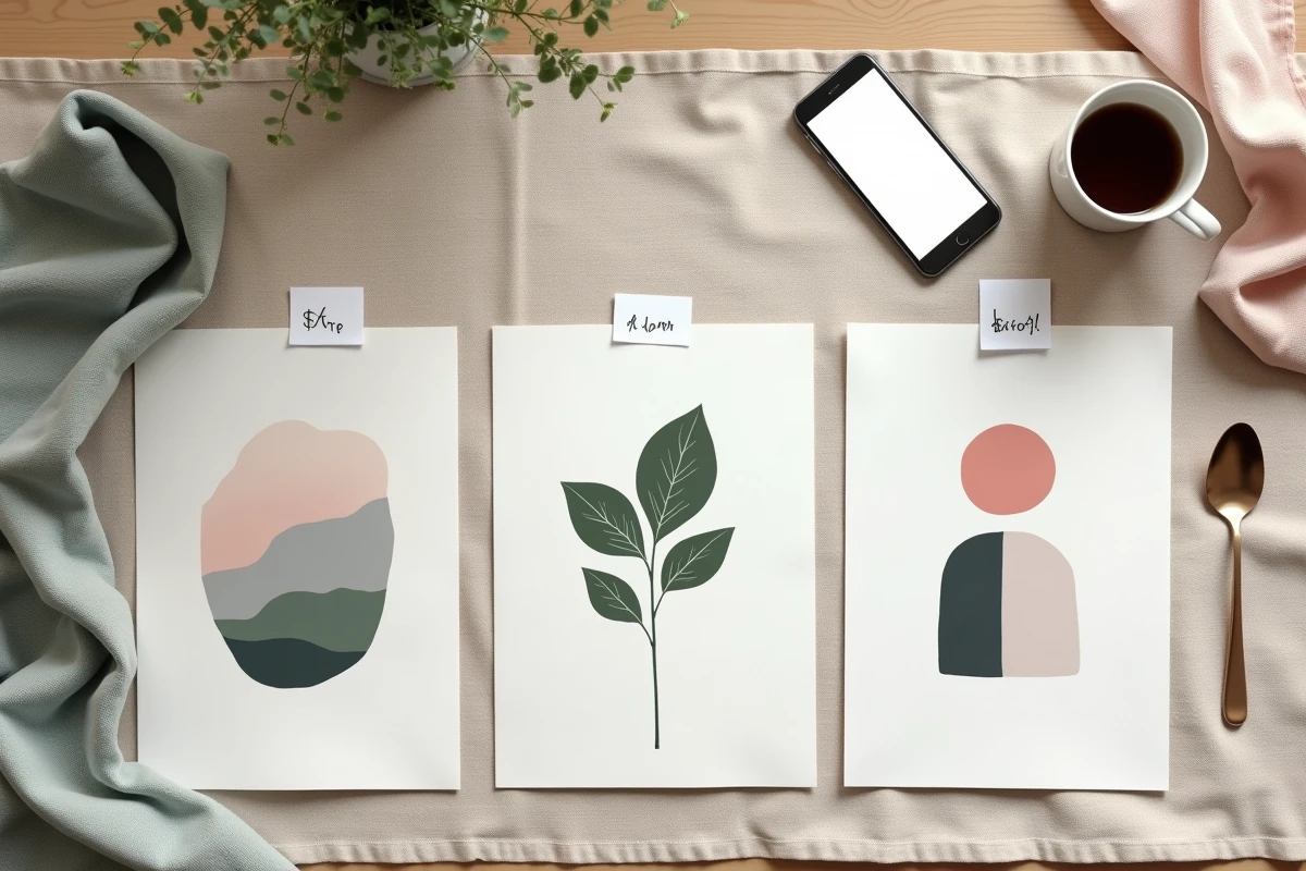 Comparatif de trois affiches artistiques avec étiquettes de prix et smartphone sur nappe en lin style scandinave