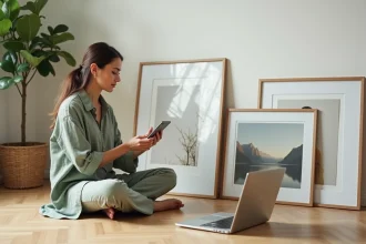 Femme comparant des sites de décoration en ligne entourée d'affiches encadrées dans un appartement parisien