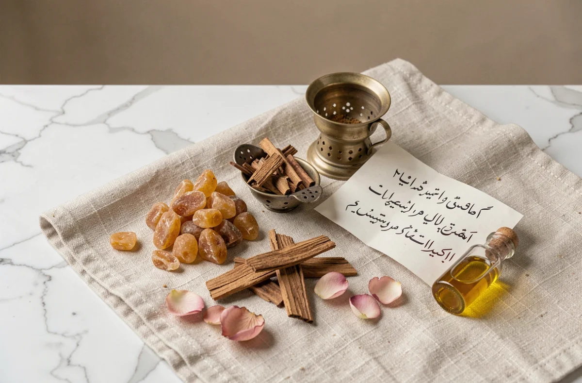 Composition élégante de produits d'encens arabe naturel incluant résine, bois d'oud et brûleur en laiton traditionnel