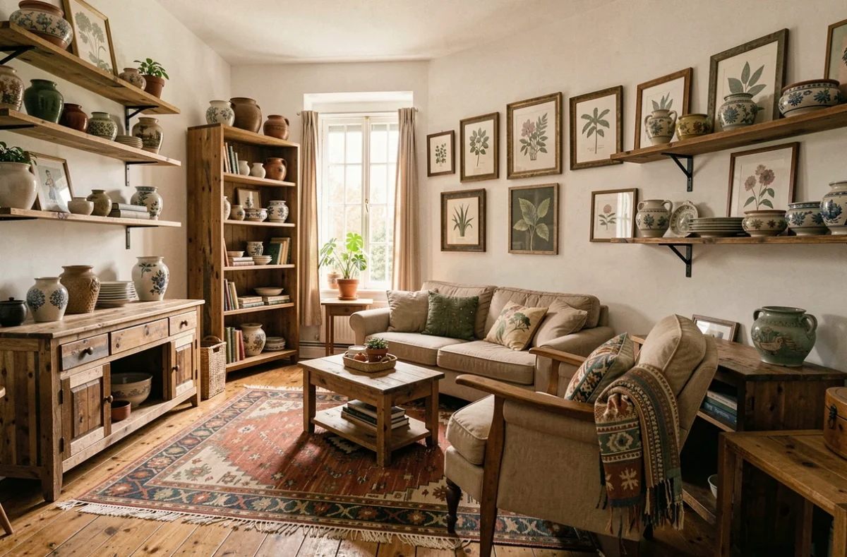 Espace de vie éclectique et vintage décoré par La Conserverie d'Intérieurs avec meubles chinés et céramiques artisanales
