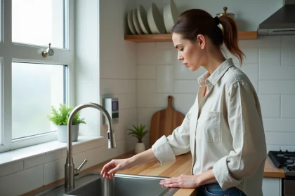 Femme coupant le robinet de cuisine en regardant un compteur d'eau mural, illustrant la consommation d'eau quotidienne d'un foyer de 3 personnes