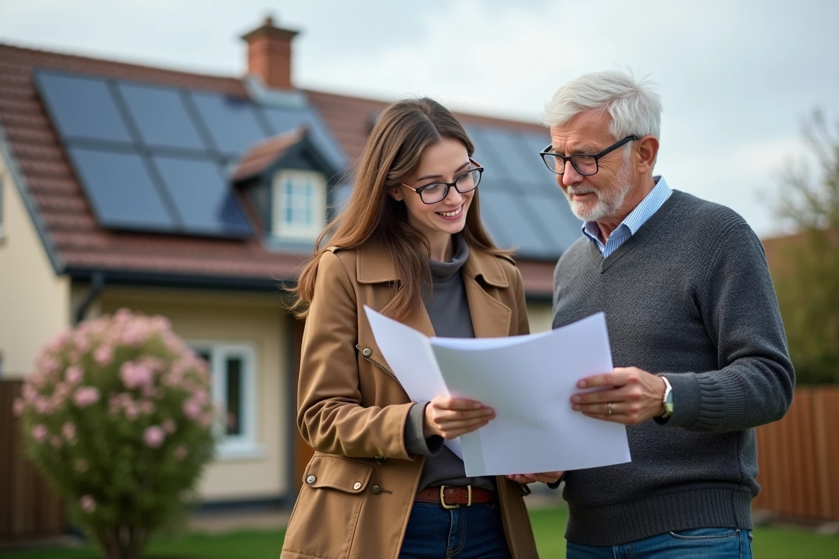 Consultante en energie vérifiant plans devant une maison solaire