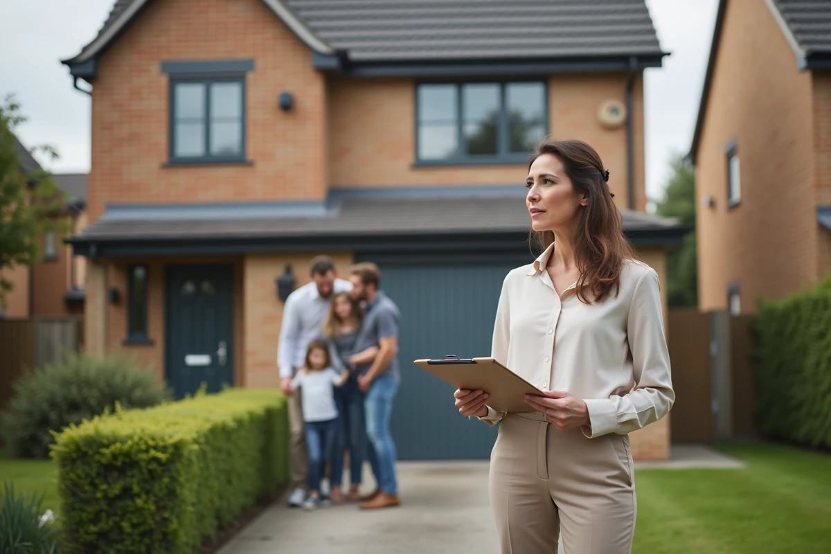 Consultante en rénovation expliquant le projet à une famille devant la maison