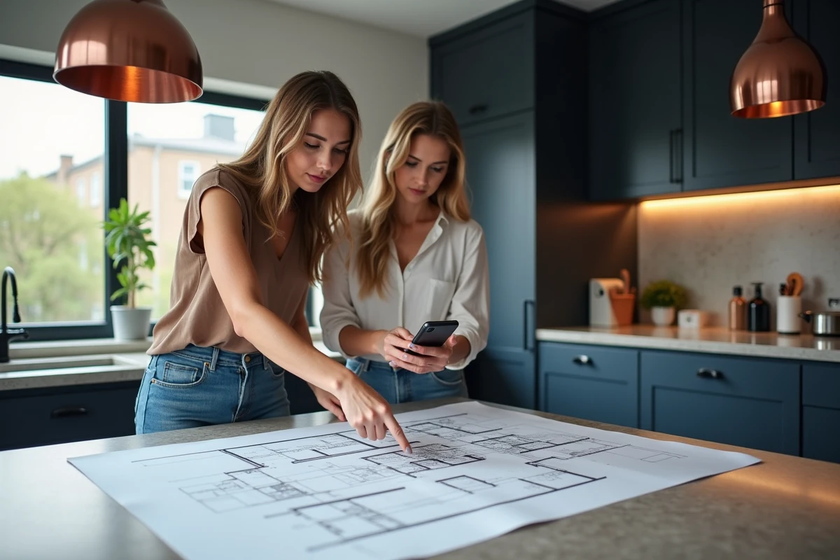 Deux femmes consultant un plan d'aménagement et une application de simulation déco dans une cuisine moderne