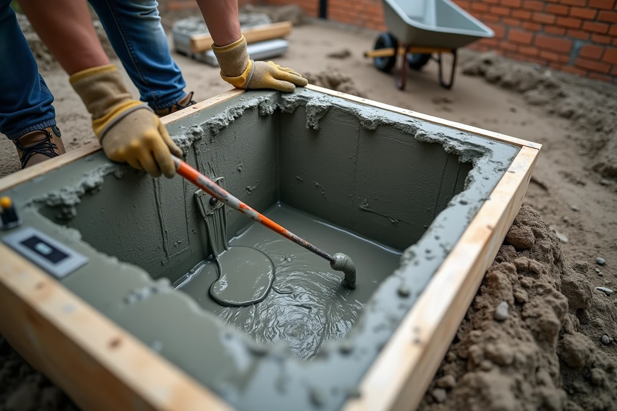 Coulage de béton dans un coffrage en bois pour les fondations d'une extension de maison avec calcul du volume en m3