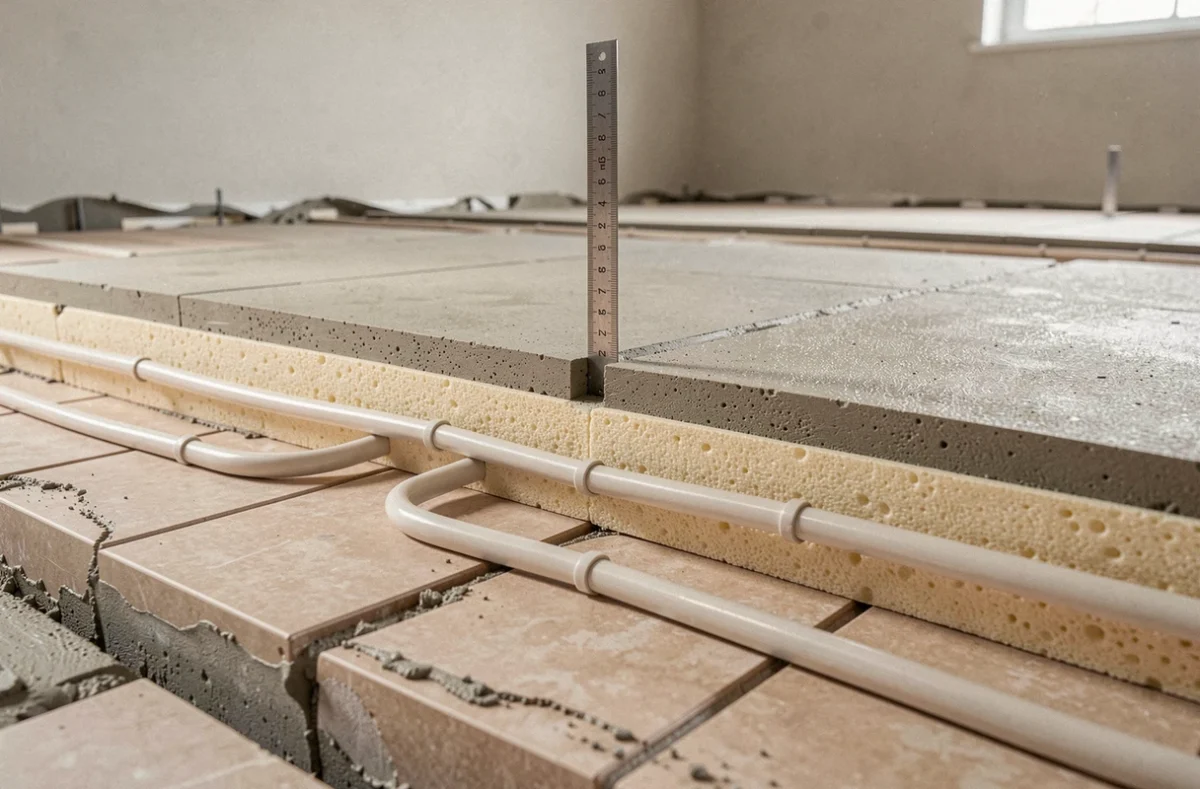 Vue en coupe des couches d'un système de plancher chauffant avec chape et isolation