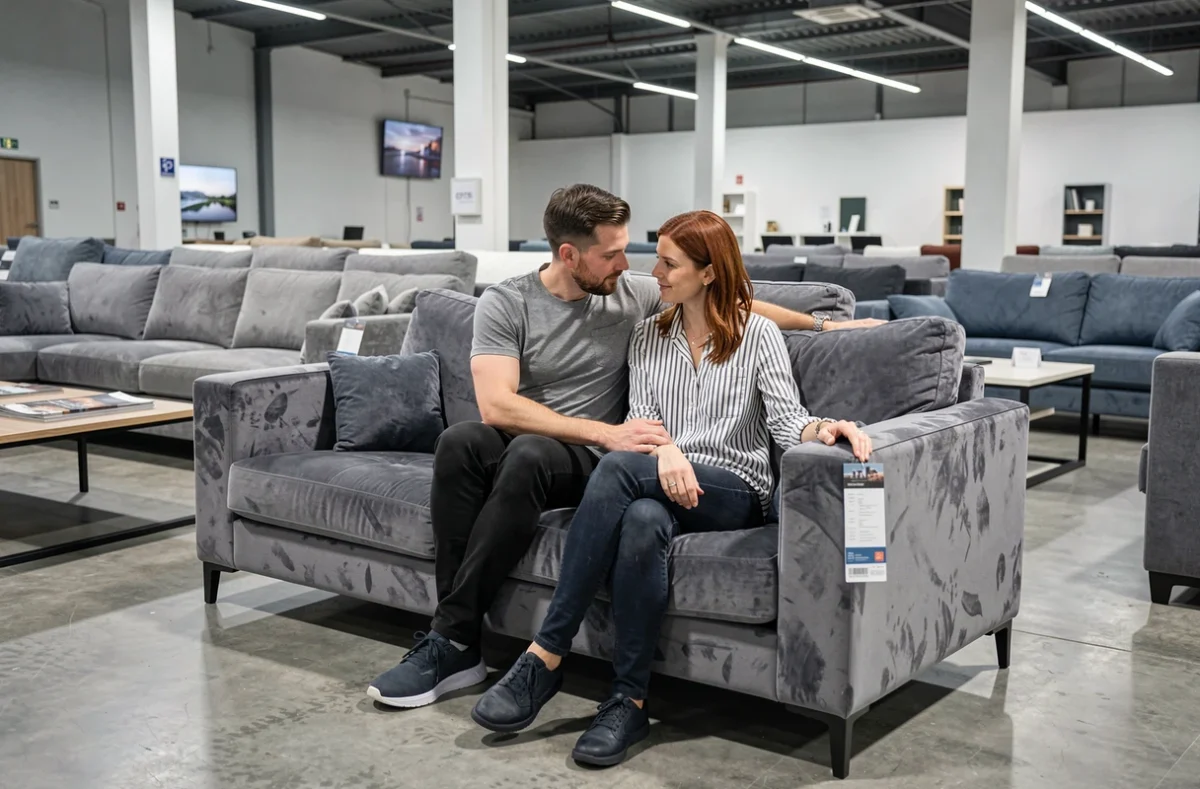 Couple en train de choisir un canapé gris velours dans un magasin de meubles BUT