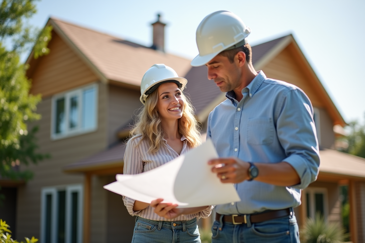 Couple discutant avec un entrepreneur devant leur maison en rénovation